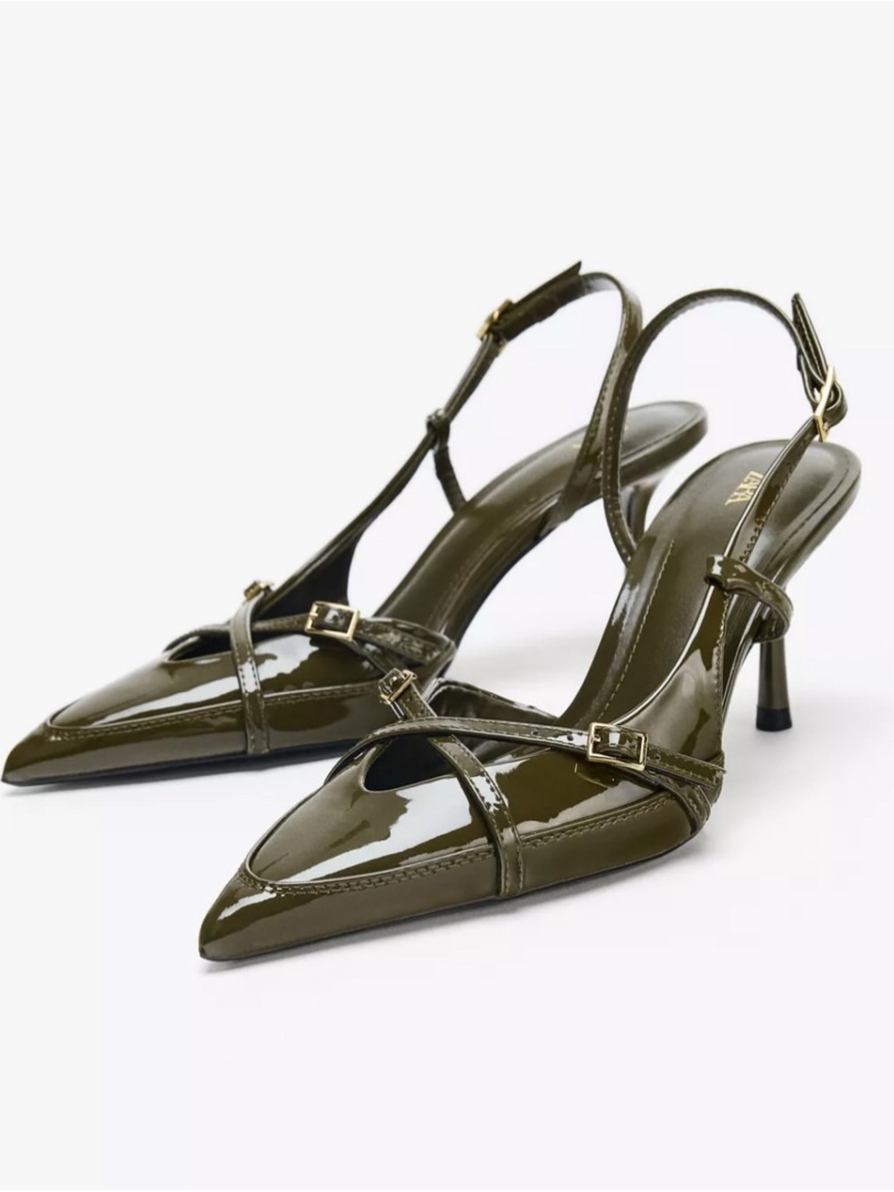 Zara Olive Patent Pointed Slingback Heels